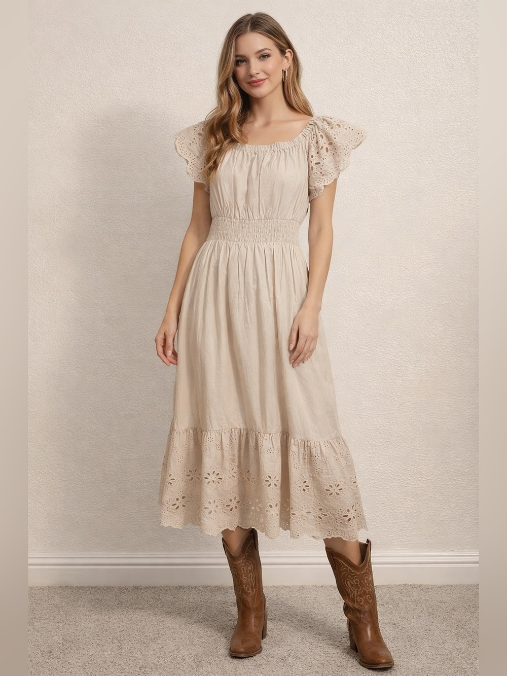 Light Tan Eyelet Flutter Sleeve Smocked Waist Midi Dress with pockets.